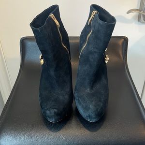 Vince Camuto Black Suede Ankle Boots with Stiletto Heel and Gold Buttons